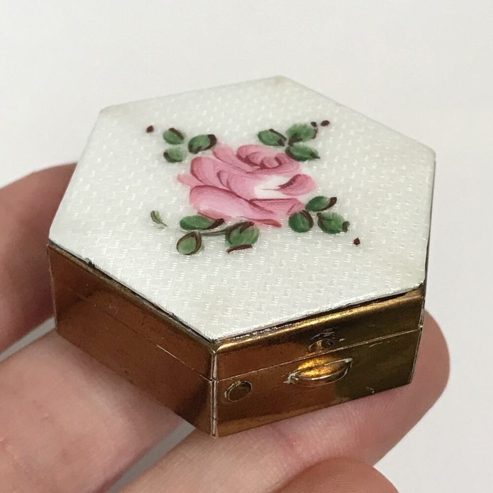 Vintage White Guilloche Enamel Pink Flower Rose Trinket Pill Box Compact Brass